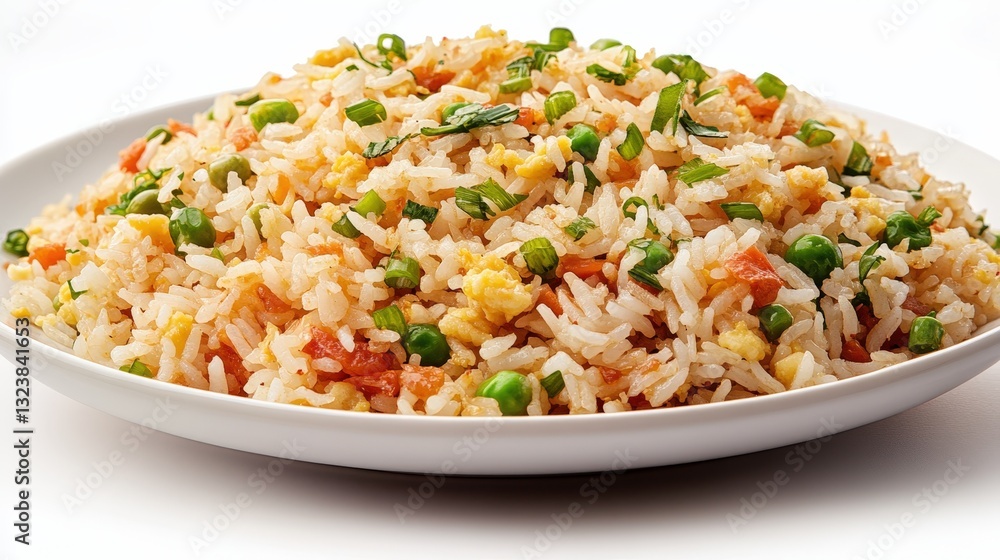 a delicious plate of freshly made fried rice with vegetables. The rice is garnished with green onions and filled with vegetables a delicious plate of freshly made fried rice with vegetables. The rice is garnished with green onions and filled with vegetables