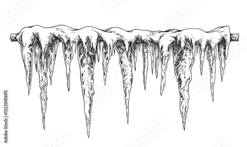 Detailed icicles hanging from roof vector, linear style, icons set.