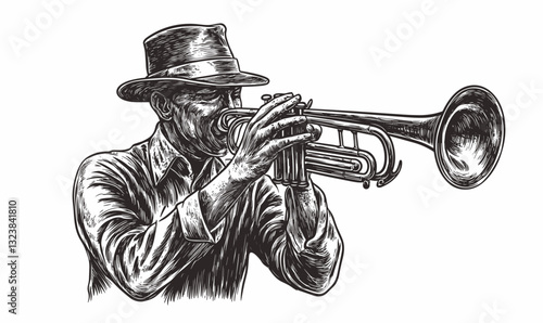 Trumpet player with hat, playing music in black and white - vector, linear, icons set.