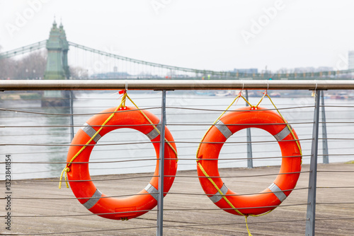 Orange Life Buoys on London Riverside

