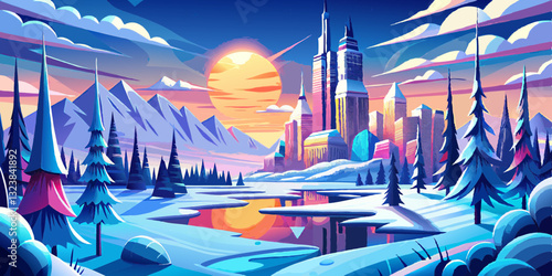 A stunning winter landscape featuring a city skyline, snow-covered ground, and a bright sun shining in the background.
