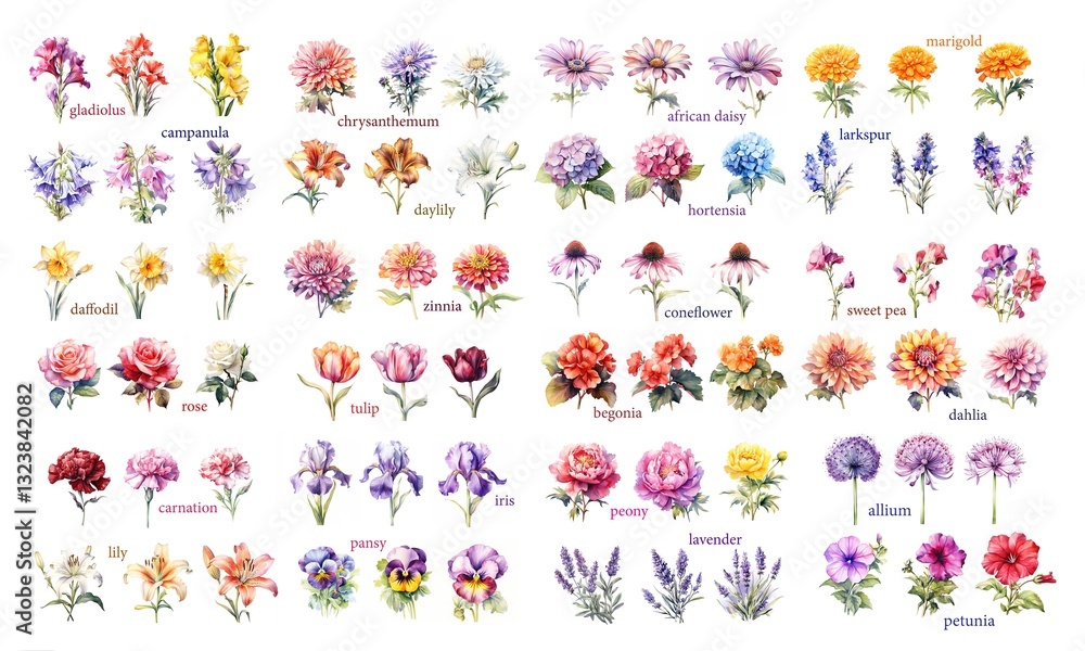 Garden flower set, watercolor