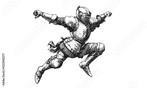 Knight in action leaping forward - medieval armor and weaponry flat icons set vector.