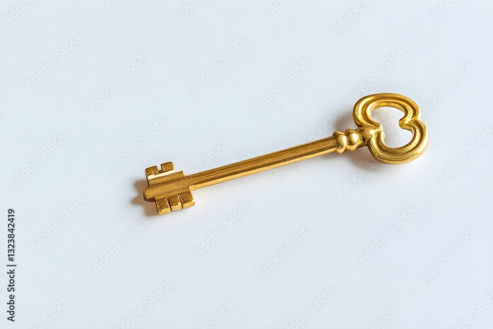 White background with a single golden key, sharp focus, symbolizes security and access. White background with a single golden key, sharp focus, symbolizes security and access.