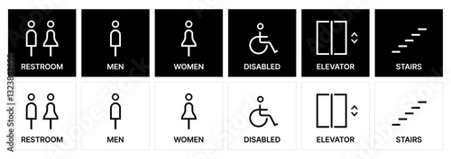 linear Restroom icon set. male and female toilet symbols. disabled icon. gender icon. restroom pictogram. Elevator and stairs public signage. WC signage	
