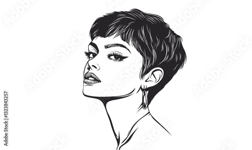 Elegant female portrait, black and white, short hair, earrings, linear, vector, icons set.
