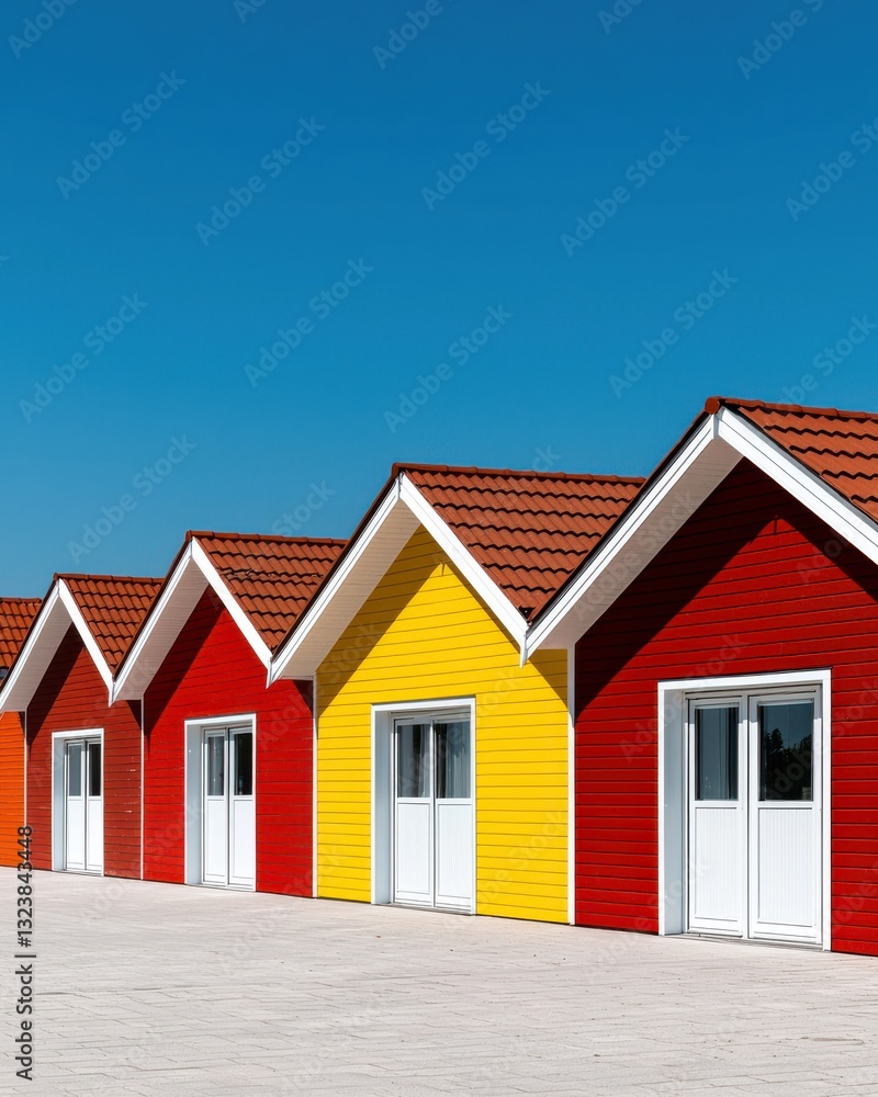 Vibrant Colorful Houses Against Clear Blue Sky in Modern Coastal Architecture Design Vibrant Colorful Houses Against Clear Blue Sky in Modern Coastal Architecture Design