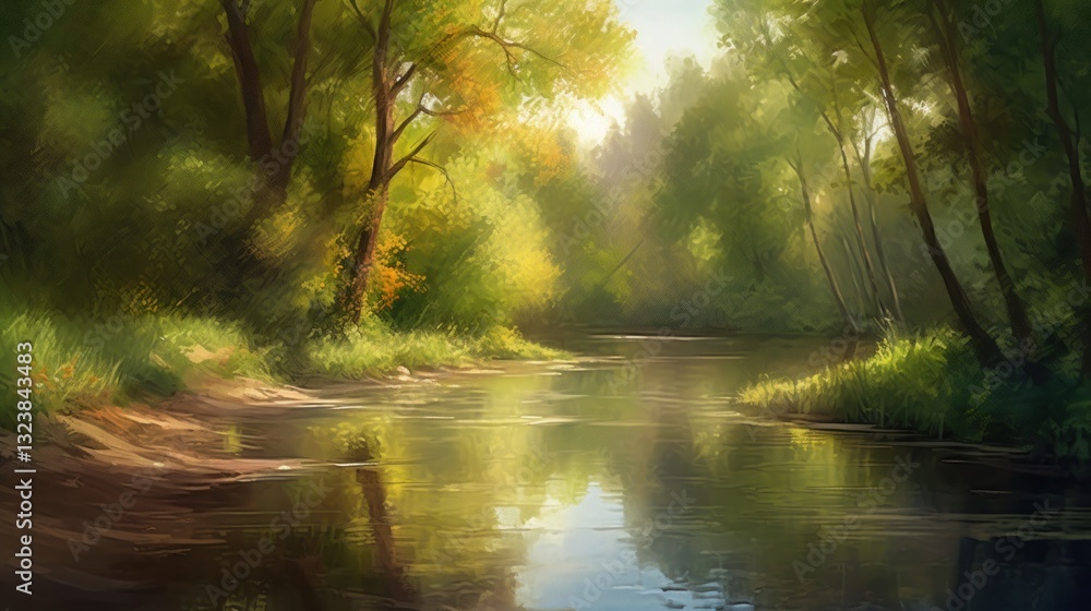 Summer River Landscape Artwork with Trees Greenery and Flowing Water Summer River Landscape Artwork with Trees Greenery and Flowing Water