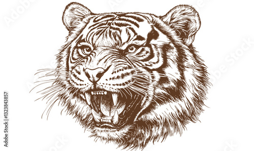 Fierce tiger head with roaring expression, detailed animal vector, linear icons set.