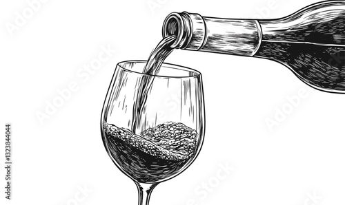 Wine pouring scene with glass and bottle, detailed flat icons set in linear vector style.