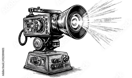 Vintage movie projector with light beam, linear icons set, vector.