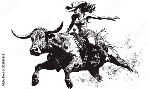 Rodeo cowboy riding bull: western adventure vector, linear style, icons set.