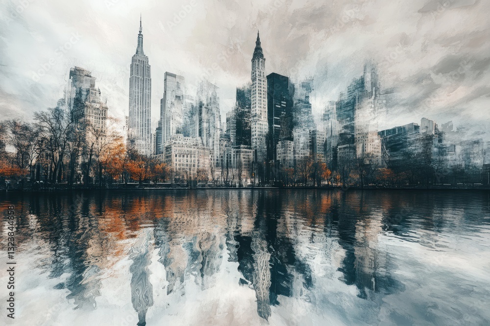 Fototapeta premium Cityscape Reflection: A mesmerizing cityscape with towering skyscrapers mirroring in the tranquil water below, creating a breathtaking scene
