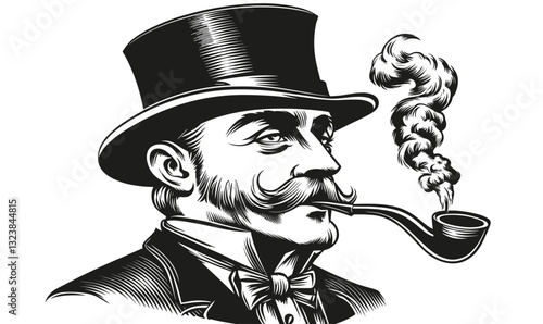 Vintage gentleman smoking pipe with top hat and mustache, retro style, vector, flat icons set.