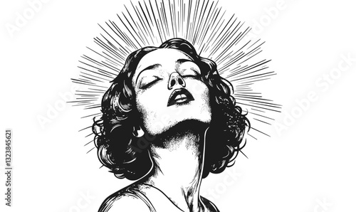 Radiant woman with sunburst halo, eyes closed, linear icons set, vector, flat style.