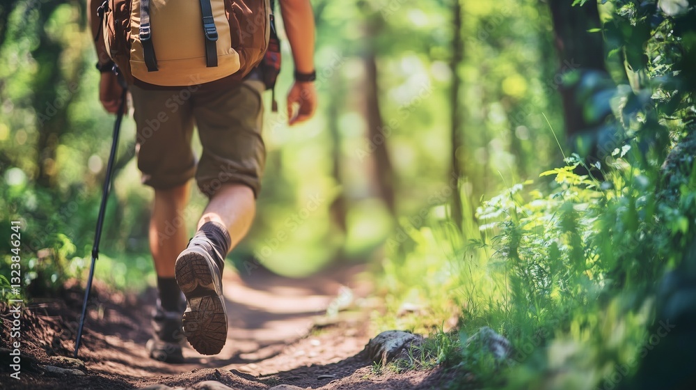 Person hiking with weighted backpack on nature trail, showcasing outdoor fitness training and endurance building in natural environment. Person hiking with weighted backpack on nature trail, showcasing outdoor fitness training and endurance building in natural environment.