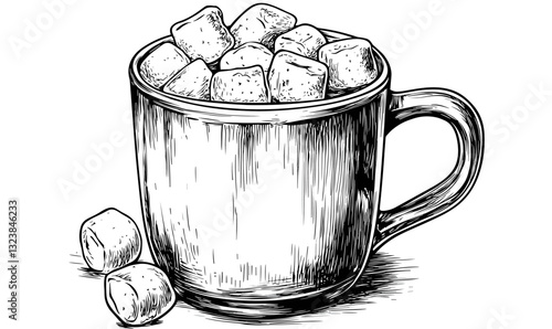 Coffee mug with marshmallows in vintage style, linear icons set, vector.