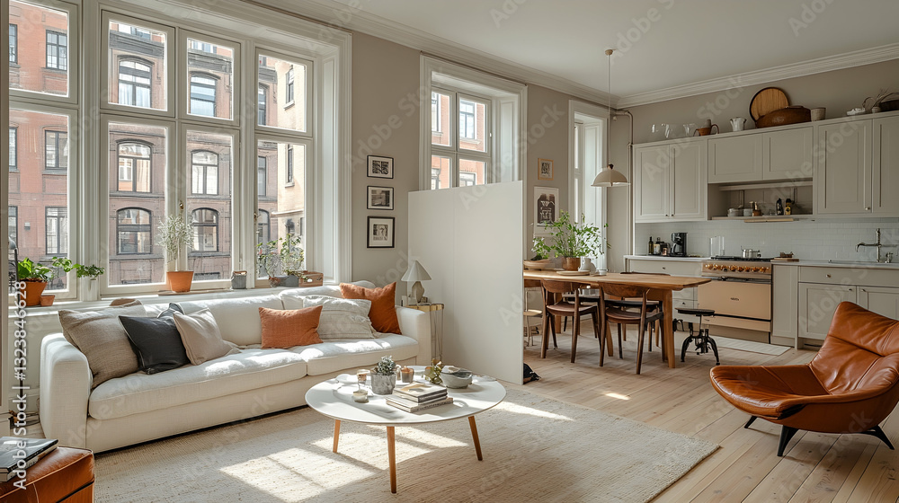 Fototapeta premium Bright, open-plan living space with kitchen