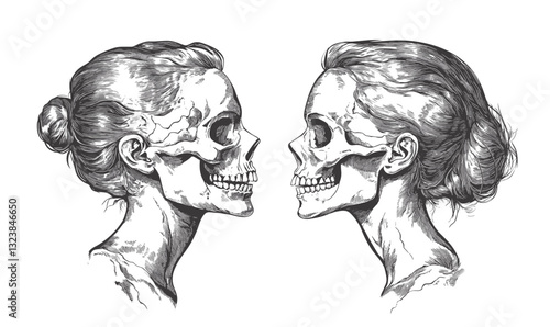 Human skulls in profile view with hairstyle, flat icons set, vector.