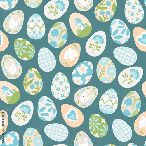 Pattern with Easter eggs. Hand-drawn texture with cartoon eggs decorated with cute pictures of flowers, house, rabbit, bird, heart. Vector seamless pattern in flat style on blue background 