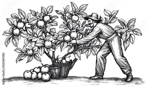 Farmer harvesting apples from tree, linear style, icons set.