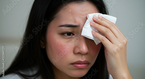 Woman Wiping Sweat From Forehead with Tissue Due to Overheating