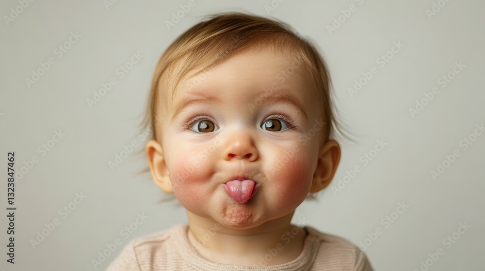 Playful baby sticking out tongue indoor setting portrait child's expression close-up joyful mood Playful baby sticking out tongue indoor setting portrait child's expression close-up joyful mood