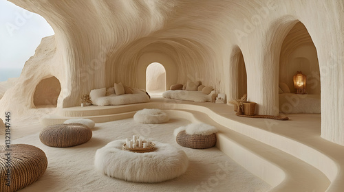 Cave-like interior design with plush seating