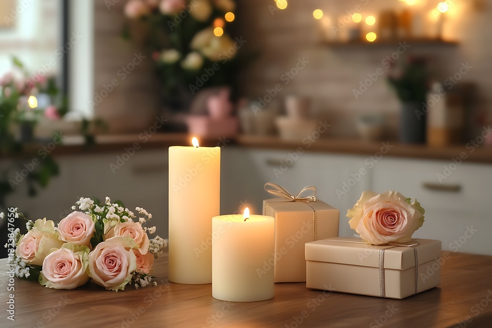 Obraz premium Burning candles with beautiful flowers and gift box on table in room