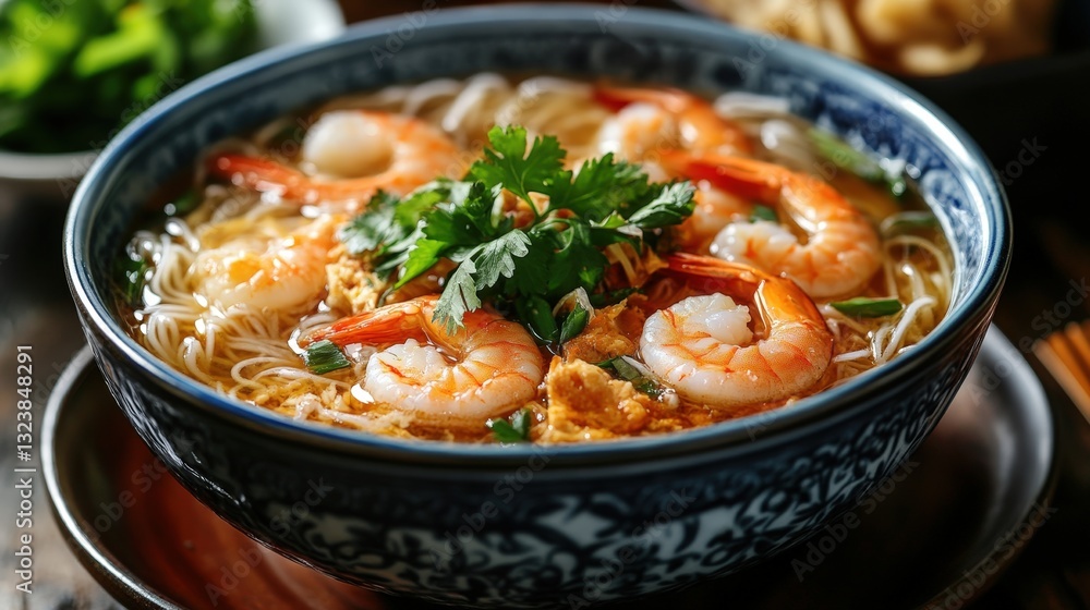 a close-up shot of delicious shrimp noodle soup, garnished with fresh green herbs and vibrant orange shrimp a close-up shot of delicious shrimp noodle soup, garnished with fresh green herbs and vibrant orange shrimp