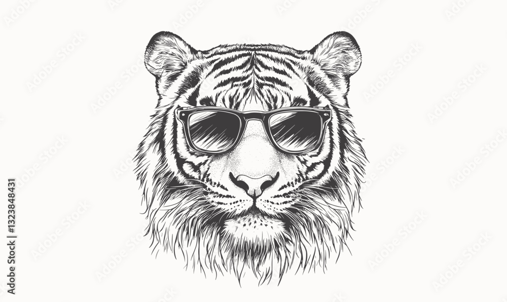 Cool tiger wearing sunglasses, black and white, animal emblem, flat icons set, vector. Cool tiger wearing sunglasses, black and white, animal emblem, flat icons set, vector.