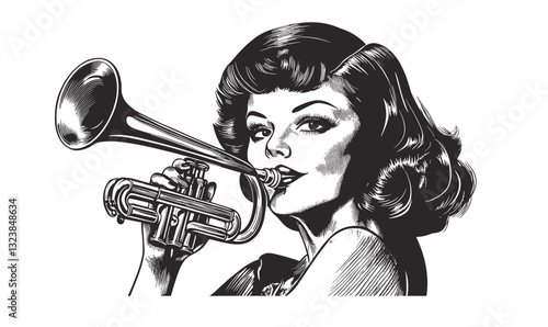 Woman playing trumpet vector - retro art, black and white, linear icons set.