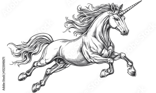 Majestic unicorn leaping with flowing mane - elegant fantasy creature, linear icons set vector.