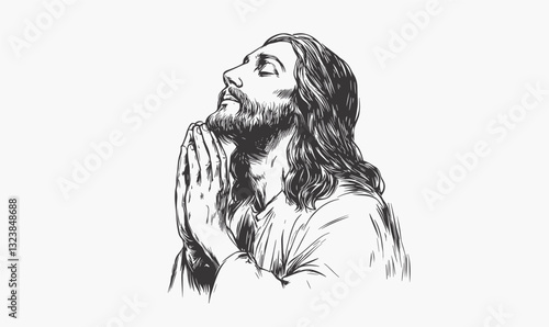 Praying man in traditional robe, hands together, linear style icons set - vector.