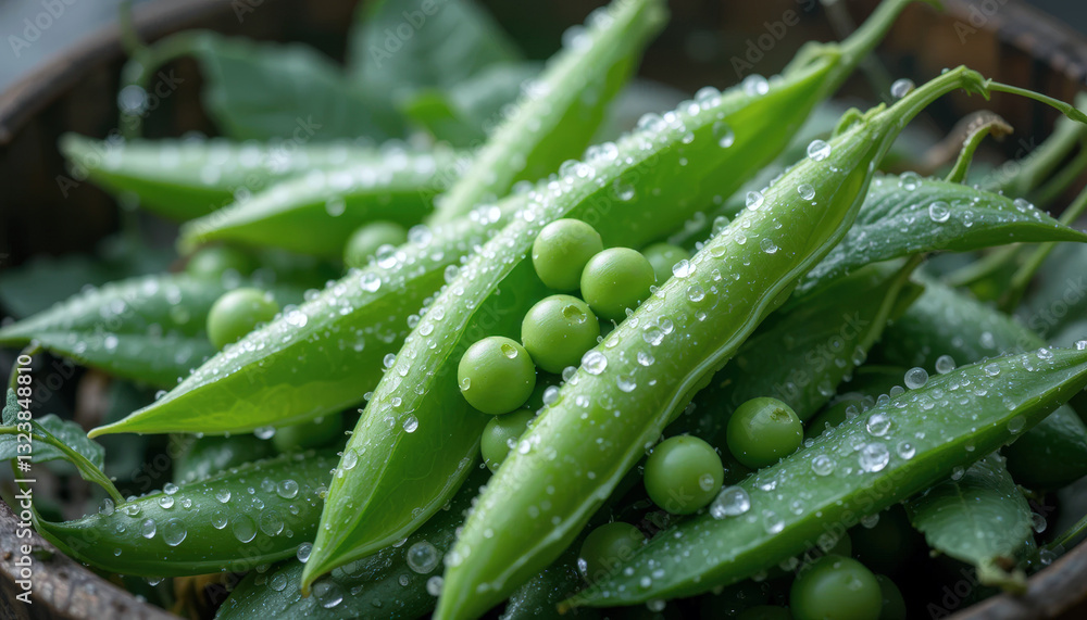 Fresh green peas with water droplets on wooden bowl, showcasing their vibrant color and natural beauty Fresh green peas with water droplets on wooden bowl, showcasing their vibrant color and natural beauty