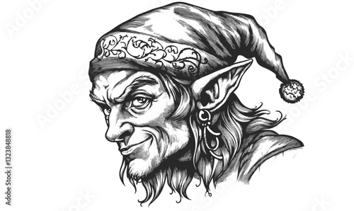 Mischievous elf character with hat in vector style, linear icons set.