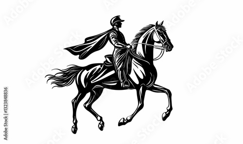 Gallant rider on horseback in black and white - linear vector icons set.