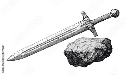 Sword and stone vector - detailed linear icons set.