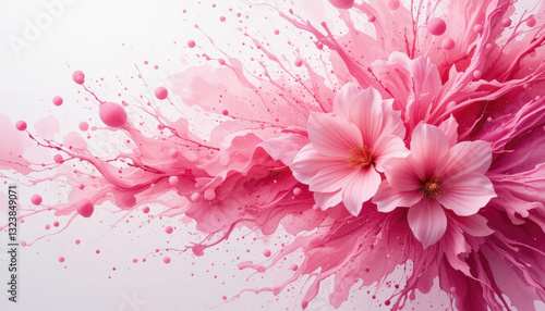 Fototapeta Naklejka Na Ścianę i Meble -  Vibrant pink flowers with splashes of paint create dynamic, artistic composition. lively colors evoke sense of joy and creativity