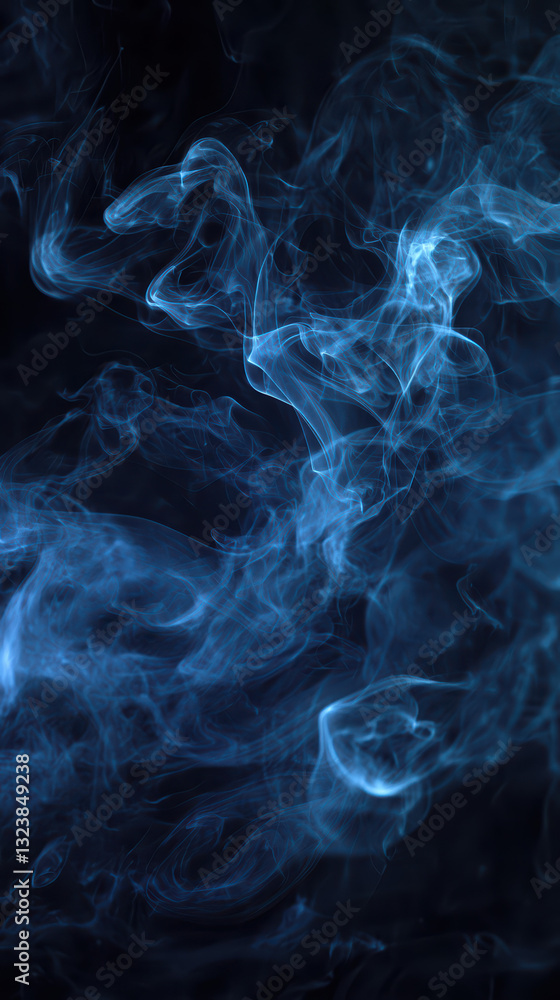 Obraz premium Ethereal Blue Smoke Swirls: Delicate wisps of vibrant blue smoke dance against a dark backdrop, creating an abstract and artistic display of fluid forms and ethereal beauty.