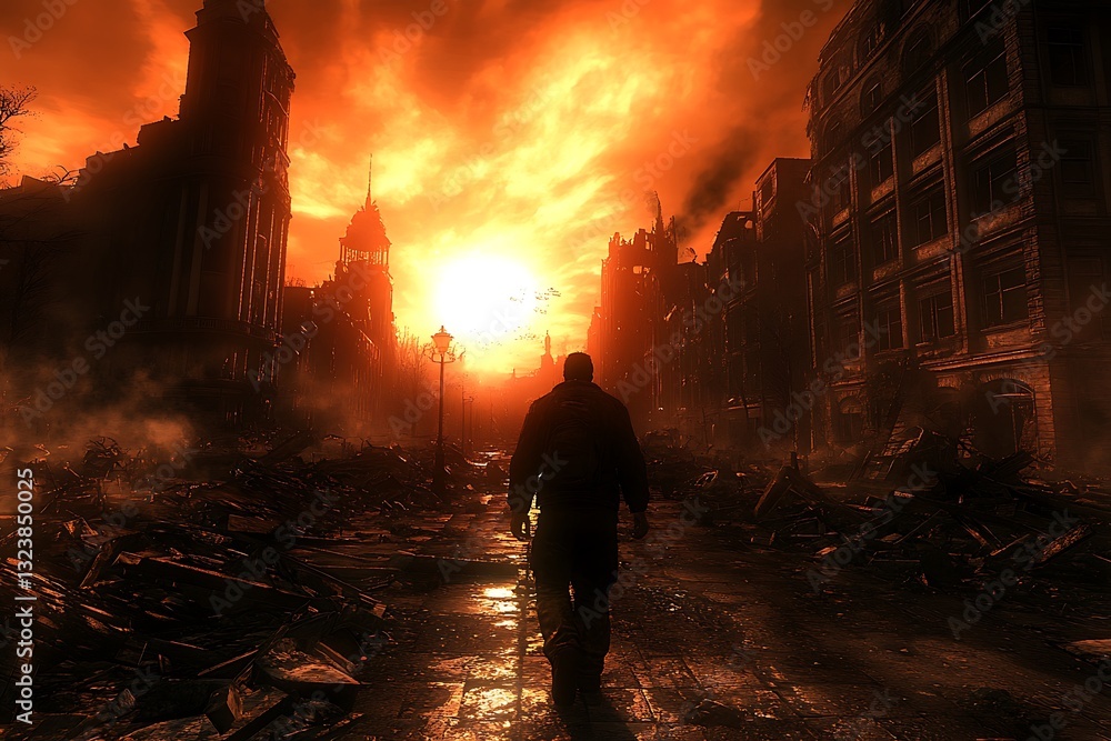 Fototapeta premium A lone figure walks through a destroyed city at sunset