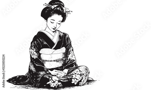Traditional japanese geisha sitting pose - flat icons set vector.