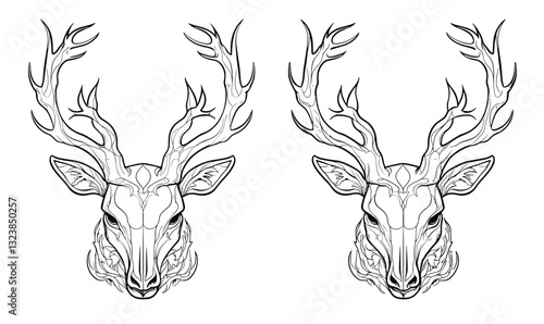 Deer head designs with antlers, flat linear icons set, vector.