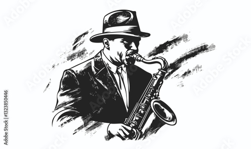 Jazz musician playing saxophone in black and white, vector style, linear icons set.