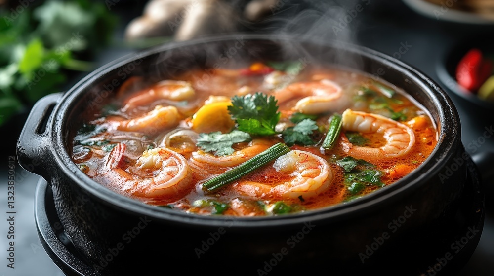 a close-up of a steaming seafood soup with fresh herbs in a dark bowl a close-up of a steaming seafood soup with fresh herbs in a dark bowl