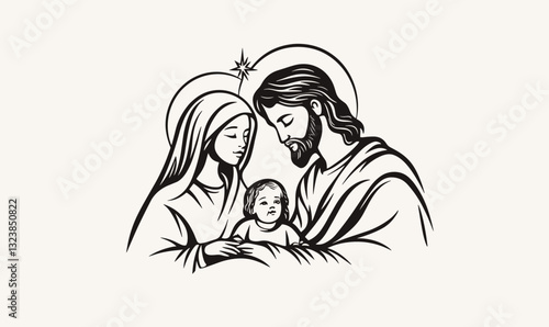 Holy family nativity with jesus, mary, and joseph – linear icons set, vector.