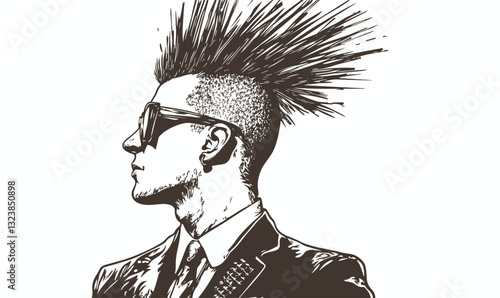 Punk rocker in suit with mohawk and sunglasses, side profile, vector, flat icons set.