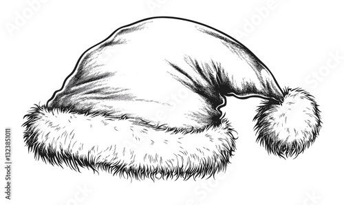 Santa claus hat drawing with detailed fur, linear icons set, vector.
