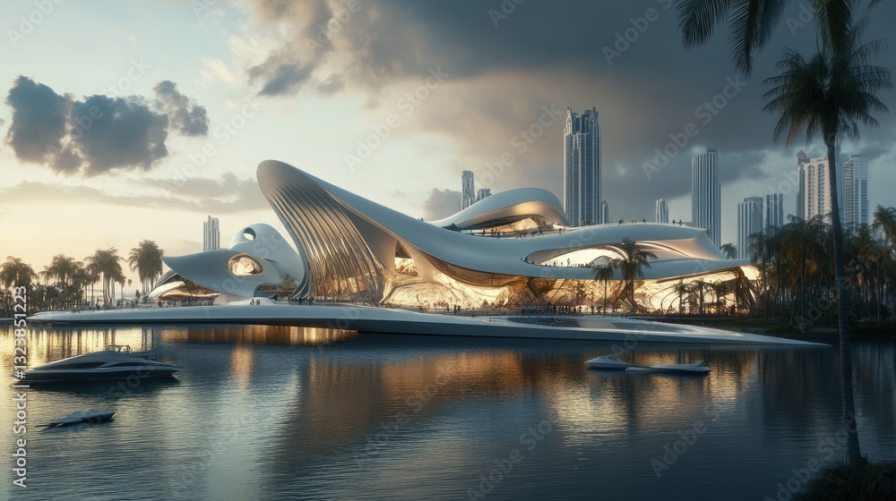 Futuristic architectural structure situated on the waterfront with boats Futuristic architectural structure situated on the waterfront with boats