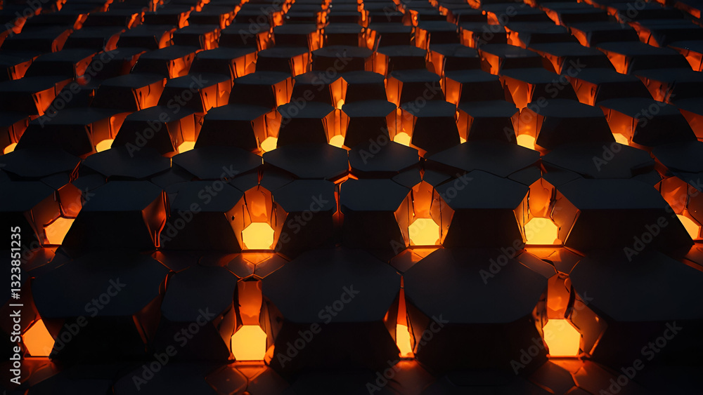 Obraz premium Abstract Hexagonal Pattern with Glowing Orange Light and 3D Honeycomb Design Creating Dynamic Visual Effect